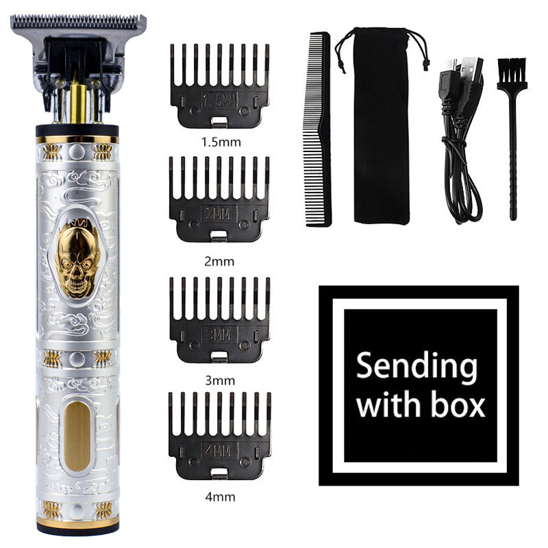 NNEDSZ Vintage Skull Design Cordless Hair Trimmer - Professional Grooming Kit with Adjustable Guards, USB Charging, and Accessories